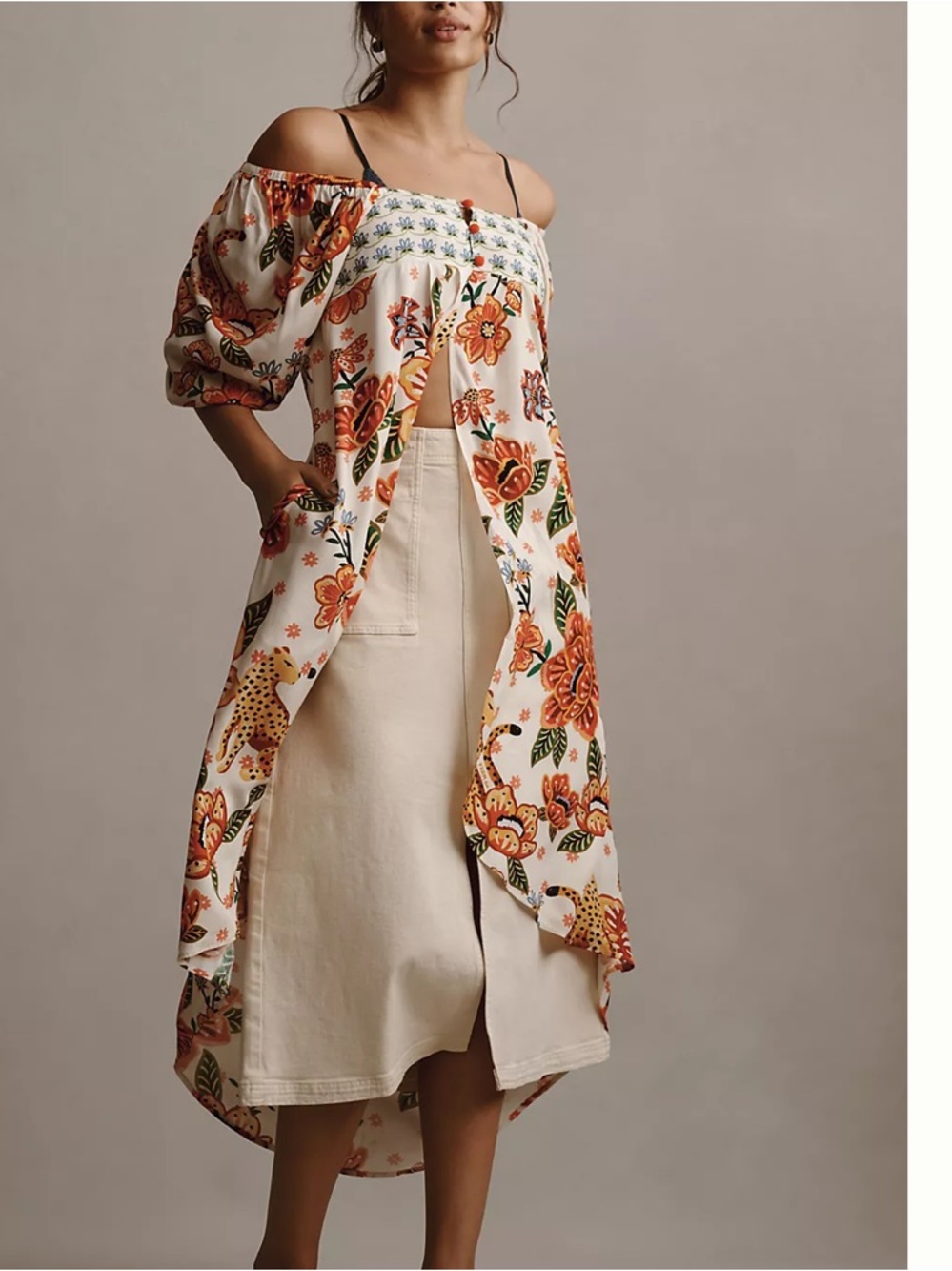 Farm Rio Anthropologie Floral Puff Sleeve Open Front Tunic Blouse Top